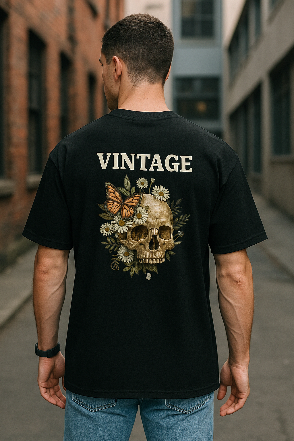 Vintage Bloom Skull – Oversized Unisex Tee